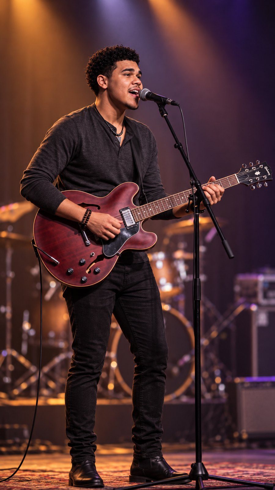 Bryce Tisdale on stage in amber light