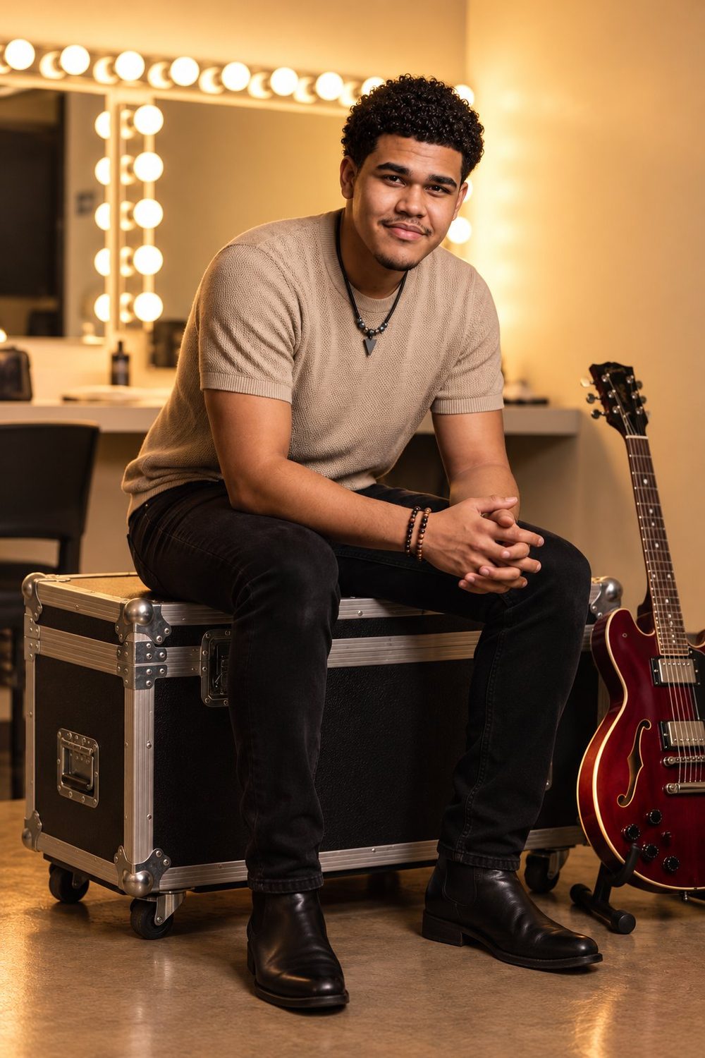 Bryce Tisdale seated backstage beside his guitar
