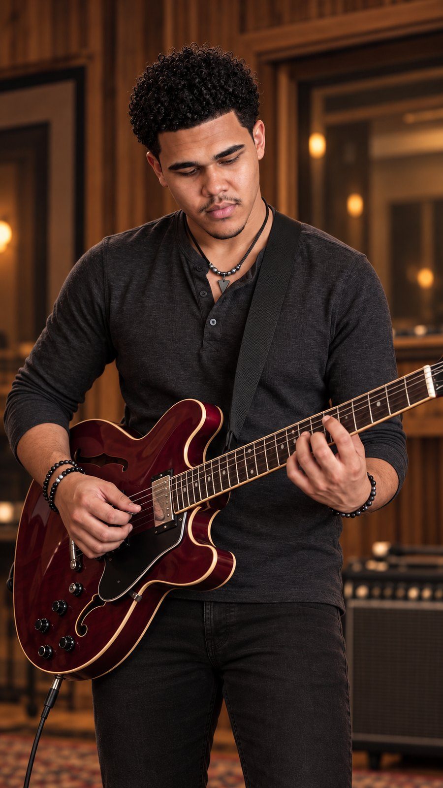 Bryce Tisdale playing guitar in the studio