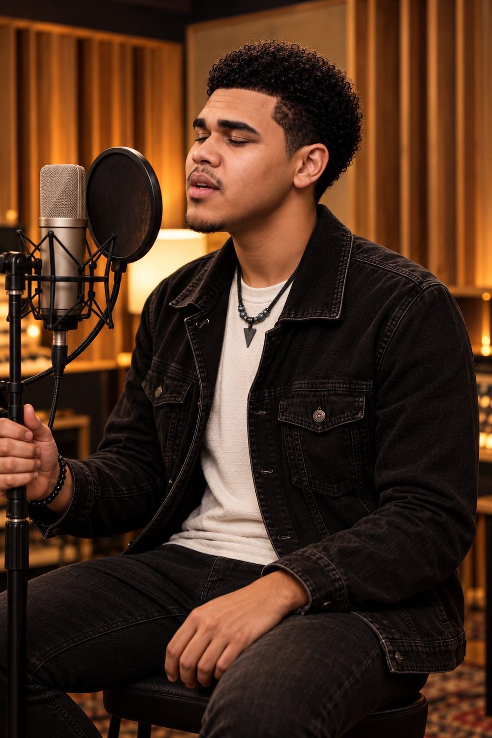 Bryce Tisdale at a studio microphone in warm light